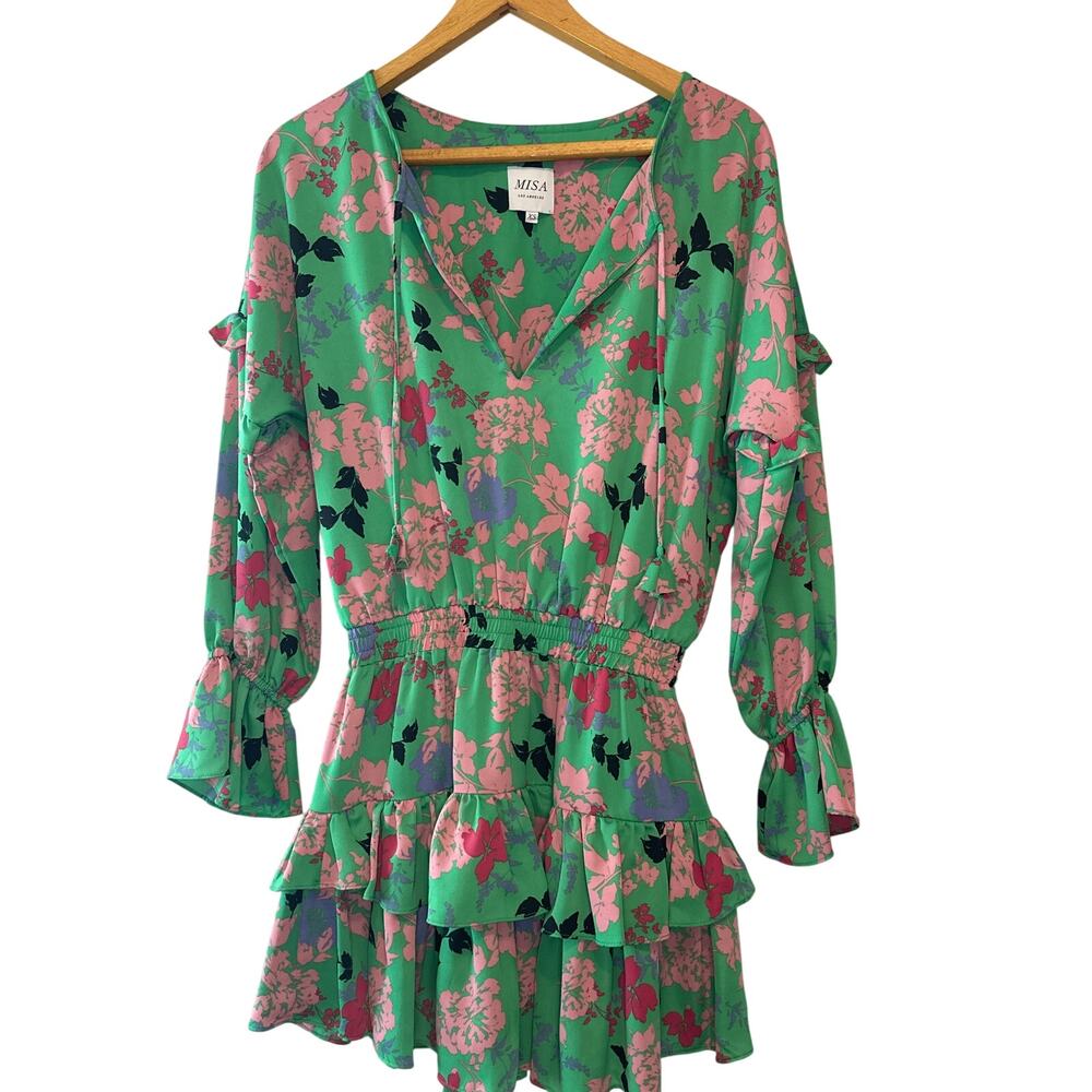 MISA Los Angeles Amalya Green Floral Tiered Ruffle Mini Dress XS Boho - Picture 3 of 11